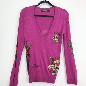 Ed Hardy Magenta Pink Rose Heart Scull Rhinestone Graphic V Neck Knit Sweater